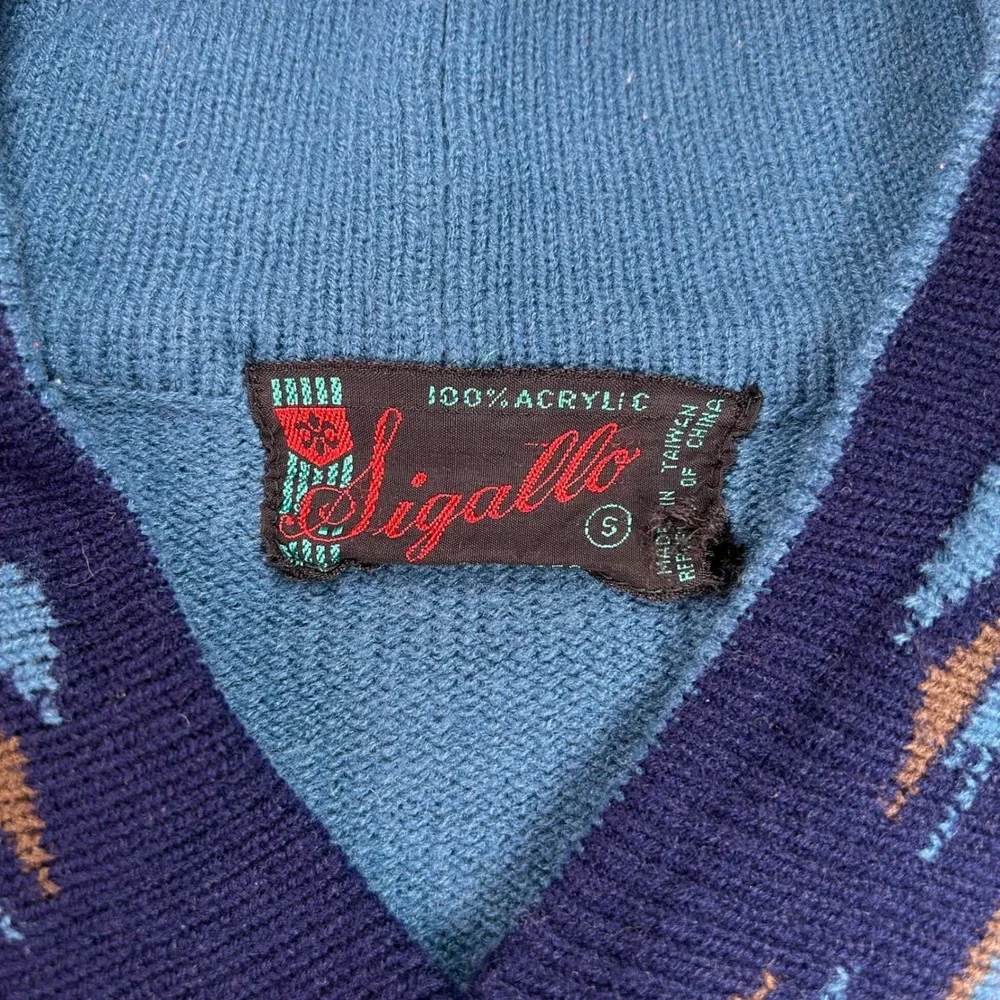 Vintage Sigallo Mens Blue V-Neck‎ Sweater Southwestern Pattern Acrylic Size S